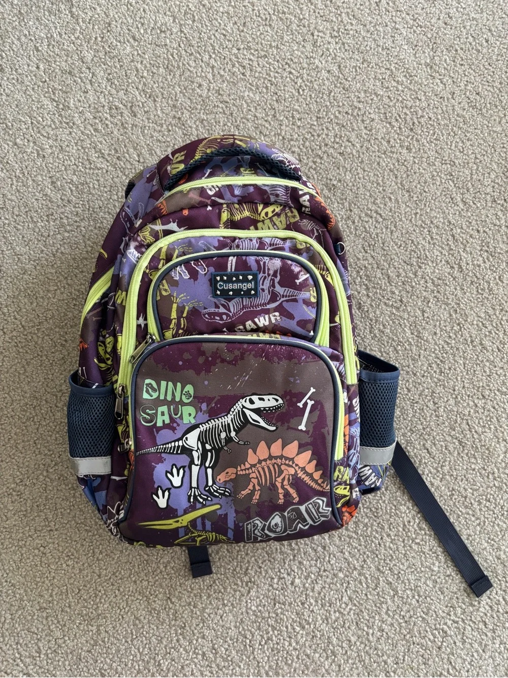 Kids' Purple Dinosaur Backpack with Lime Trim